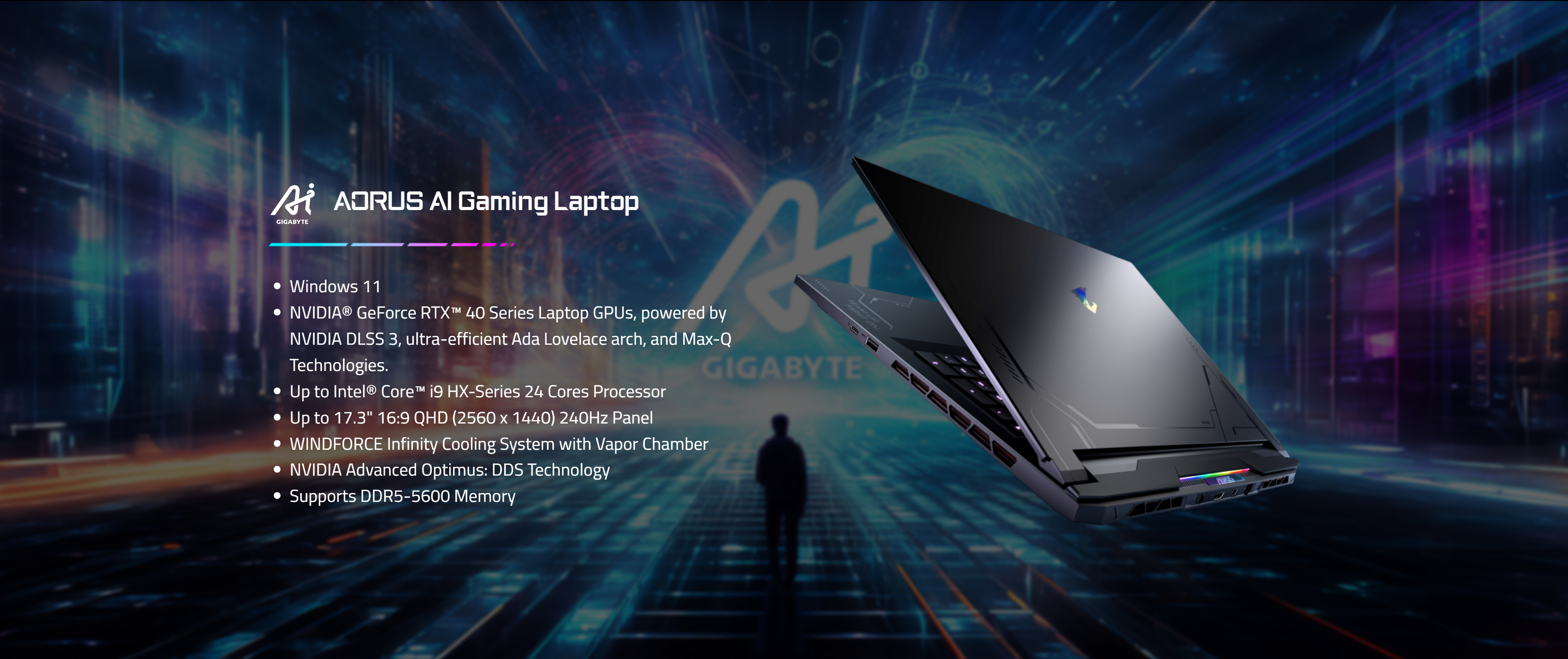 A large marketing image providing additional information about the product Gigabyte AORUS 17X (AZG) - 17.3" 240Hz, 14th Gen i9, RTX 4090, 32GB/1TB - Win 11 Gaming Notebook - Additional alt info not provided